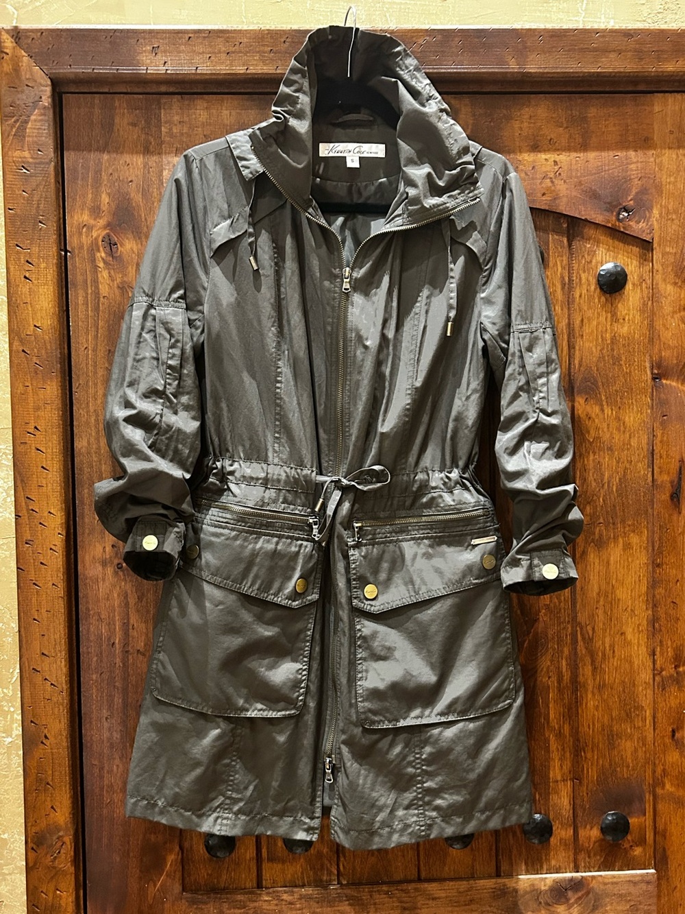 Kenneth Cole Long Hooded Anorak Utility Jacket in Olive, Size S